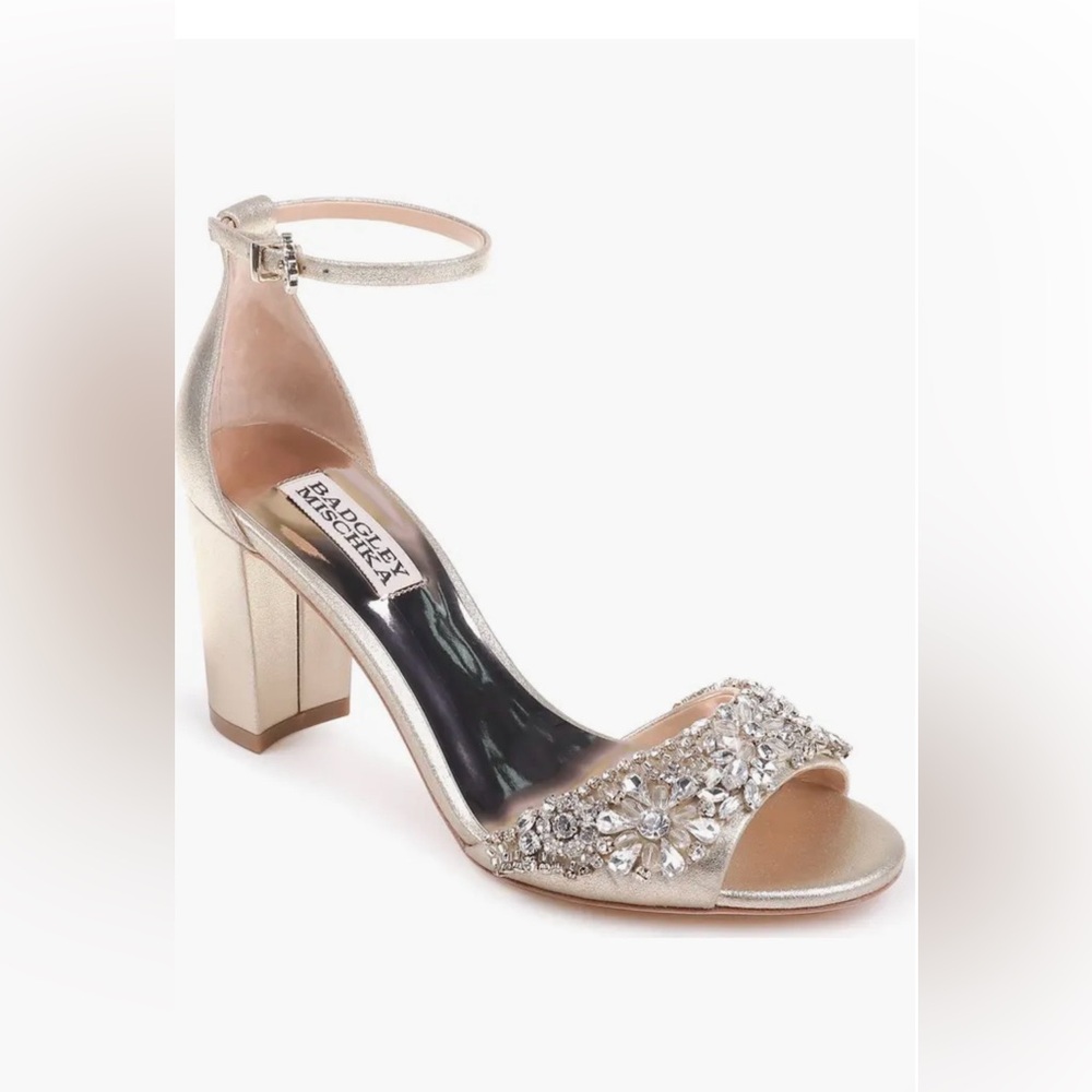Badgley Mischka Metallic Gold Embellished Block Heel Sandals